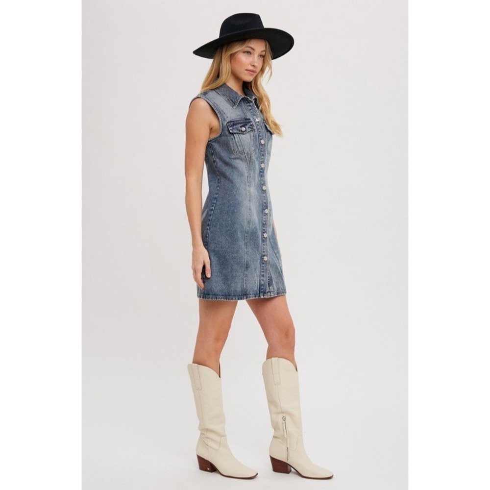 Blueivy Women's Blue Jean Denim Button Down Sleeveless Festival Dress Sz Small - Picture 1 of 4
